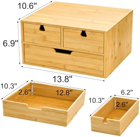 DEAYOU Bamboo Desk Organizer, 100% Natural Bamboo Desktop Drawer Organizer, Tabletop Storage Cabinet Organization Box with 3 Drawers for Home Office Supplies, Makeup, Letter, 2-Layer, Fully Assembled - Image 3