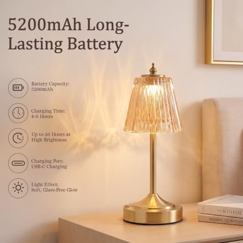 Cordless Table Lamp, Rechargeable Gold Faceted Glass Touch Lamp - Image 4