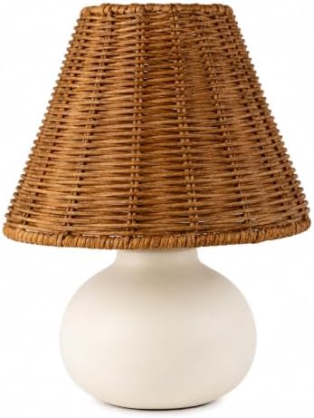 11" Small Table Lamp – Handmade Ceramic Cream Base with Wicker Rattan Shade, Dimmable Plug-in Nightstand Light for Bedroom, Kitchen Counter, or Small Spaces – Boho Japandi Organic Decor by Unknown