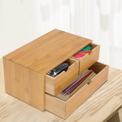 Small Desk Drawer Organizer, Bamboo Mini Desktop Drawer, Wood Tabletop Storage Organizer Box for Office Home Dormitory Toiletries Cosmetics Supplies, No Assembly Required (3 Drawers) - Image 5