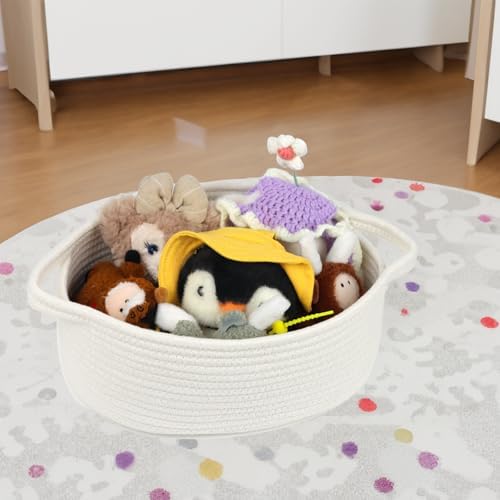 Small Woven Cotton Rope Basket with Handles, White, 12 Inch - Image 5