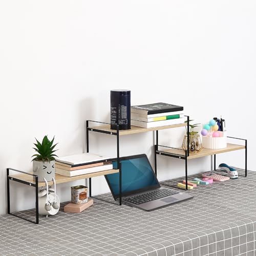 YGYQZ Desk Shelf Organizer for Top of Desk, 3-Tier Desktop Bookshelf, Black & Wood - Image 3