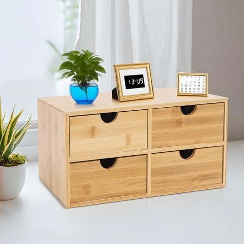 Small Desk Drawer Organizer, Bamboo Mini Desktop Drawer, Wood Tabletop Storage Organizer Box for Office Home Dormitory Toiletries Cosmetics Supplies, No Assembly Required (4 Drawers) - Image 7