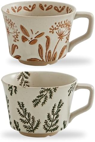 12oz Vintage Ceramic Coffee Mug Set of 2 - Handmade Stoneware Pottery Countryside Farmhouse Fall Autumn Tea Mugs with Big Handle for Latte,Cocoa,Dishwasher & Microwave Safe Cups (Plants) by SwuutKitchen