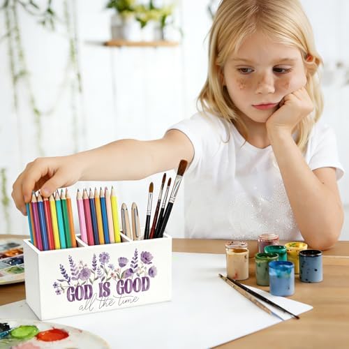 Purple Floral Christian Pen Pencil Holder for Desk Decor - Image 5