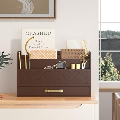 Bamboo Mail Organizer Countertop Pen Holder Wooden Desktop Storage Drawers by WISUCART