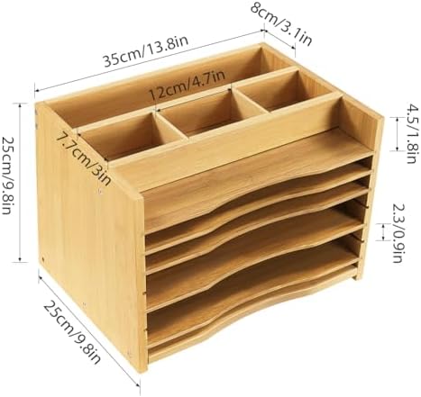 WKWKER 5-Tiers Bamboo File Organizer Paper Organizer Mail Sorter Document Letter Trays Desk Organizer with 4 Dividers for Office Home Study Desk Storage (Natural Color) - Image 3