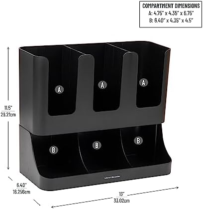 Mind Reader Condiment Station, 13 Inch Countertop Coffee Bar Organizer with 6 Compartments, Storage Caddy for Cups, Lids and Packets, Plastic, Black - Image 3