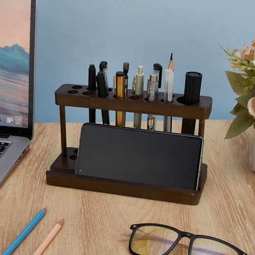 FINGERINSPIRE Pencil & Pen Holder for Desk Pine Wood Pen Display Stand with 15 Slots and Cell Phone Rack Coconut Brown Aesthetic Pencil Organizer for Office Desk Decor Fountain Holders - Image 4