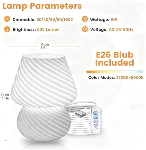 ULAROOM USB Plug-in Mushroom Lamp Small Bedside Table Lamp with 3 Temperature LED Bulb,Free Dimming Nights Light for Bedroom/Living Room/Entryway/Corner Decor (Stripe White) - Image 5