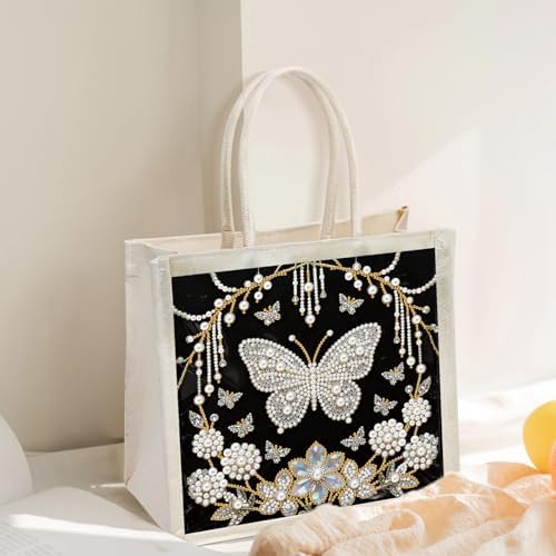 Xylzzuit DIY Pearl Painting Canvas Tote Bag Kit 11.42IN Diamond Art Handbag for Women Shopping Grocery Bag Dots Beads Art Craft Gift (Butterfly) - Image 4