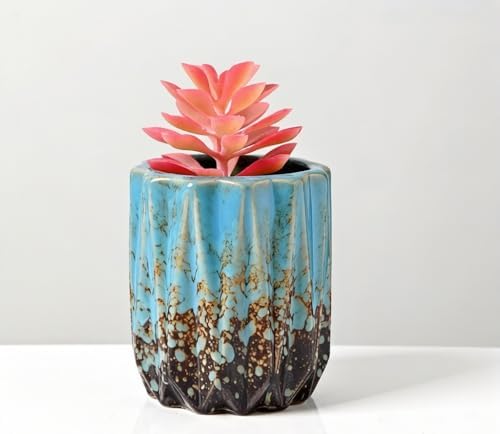 Modern Textured Ceramic Succulent Planter Pot – (No Plant Included) – Perfect for Small Plants, Cacti & Desk Decor – Lightweight & Durable，Blue - Image 2