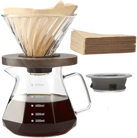 Lalord Pour Over Coffee Maker, 20 oz Borosilicate Glass Carafe with 100 pcs V60 Paper Filter, Walnut Handle & Glass Lid, Drip Coffee Maker for Home Café Restaurant Camping, 600 ml, Clear by Lalord
