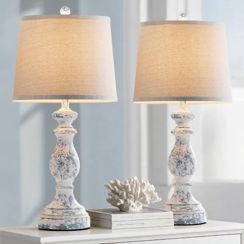 PARTPHONER Traditional Table Lamp Set of 2, Rustic Farmhouse Table Lamps for Living Room Bedroom, 27" Bedside Desk Lamps Vintage Nightstand Lamps with Linen Shades, Washed Blue by PARTPHONER