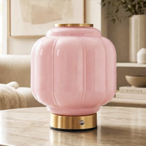 Mushroom Lamp, Cordless Rechargeable Table Lamp with Brass Base & Pink Glass Shade, 4W Dimmable Bedside Table Lamp, Small Vintage Desk Light for Mid Century Modern Home Decor (Pink) by Unknown