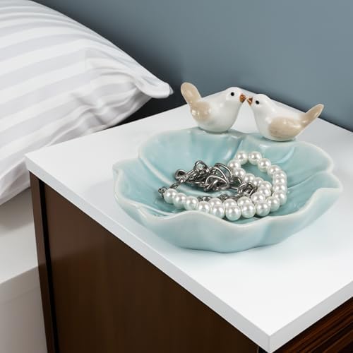 Fordonral Ceramic Jewelry Tray Trinket Dish Decorative Cute Bird & Lotus Leaf Ring Holder Dish Aesthetic Room Vanity Decor (Blue) - Image 7