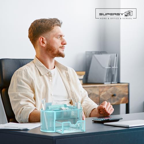 Mesh Desk Organizer with Drawer, 9-Compartment Pen Holder for Desk, Blue - Image 2