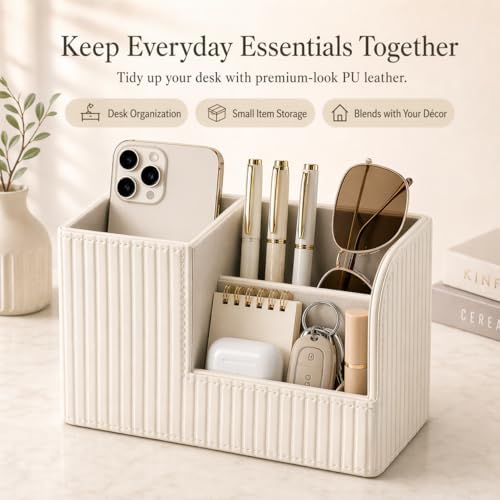 KINGFOM Desk Pen Organizer Office Supplies Caddy Pu Leather Multi-function Storage Box Pen/Pencil,Cell phone, Business Name Cards Remote Control Holder (Ivory White) - Image 2