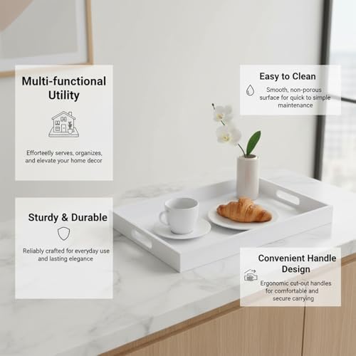 Krismax Wooden Serving Tray with Handles, Serving Platter 15.7x11.4 Inch Food Drinks Tray for Coffee Table,Decorative Storage Tray for Entertaining, Breakfast Tray in Bed,Lunch,Dinner,BBQ(White) - Image 5