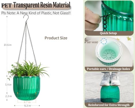 Melphoe 2 Pack Self Watering Hanging Planters Indoor Flower Pots, 8.3 Inch Outdoor Hanging Basket, Plant Hanger with 3Hooks Drainage Holes for Garden Home (Emerald) - Image 6