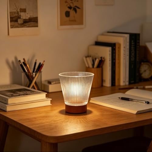 Battery Operated Night Light with Timer, Aesthetic Cordless Battery Powered Decorative Ambient Glass Lamp, Small Cozy Nightlight for Dorm, Nightstand, Bathroom, Warm, Vertical Striped Pattern by Unknown