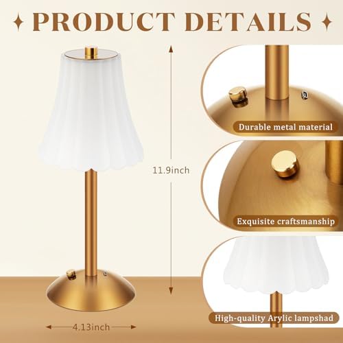 Liliful 2 Pcs Cordless Table Lamp LED Touch, Gold, Frosted Rose Style - Image 2