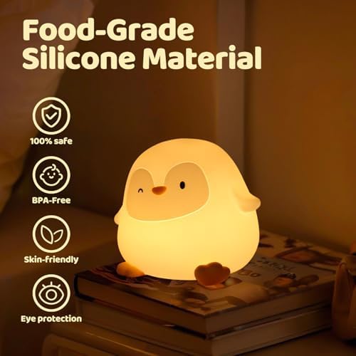 Rytinazzz Silicone Night Light for Kids, 50H Long Battery Penguin Lamp, Gift for Kids, Rechargeable Tap Control, Soft Dimmable Bedside Light with Timer - Image 2