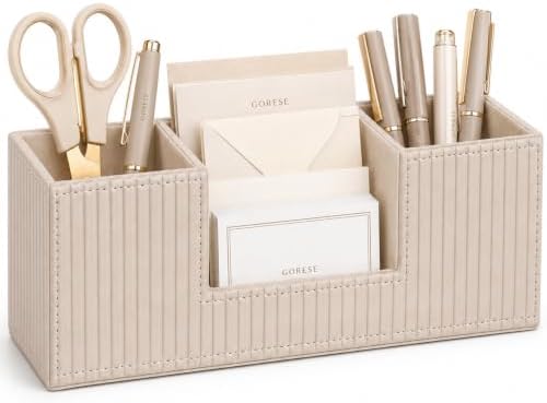 GORESE Pen Holder for Desk, Leather Small Desk Organizer for Office, Beige by GORESE