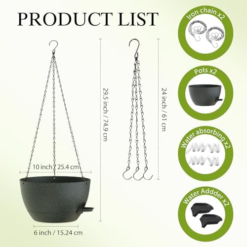 10 Inch Hanging Baskets 2 PC with Chains, Self-Watering Hanging Planters for Indoor Outdoor Plants, Plastic Hanging Flower Pots,Black with Green Speckles - Image 2