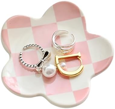 Pink Checkered Jewelry Dish, Cute Ceramic Flower Trinket Tray for Rings & Earrings, Trendy Teen Girls Birthday Gifts, Aesthetic Room Decor for Nightstand Vanity Bathroom Sink & Dorm Desk, 3.8" by OVENKEI
