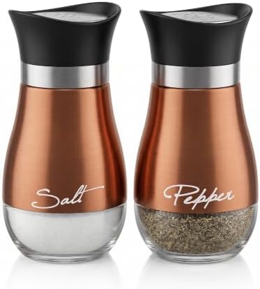 Circleware Cafe Contempo Elegant Glass Salt and Pepper Shakers Dispenser, Clear Bottom Jar Bottle Container with Stainless Steel Top, Perfect for Himalayan Seasoning Herbs Spices, 4.4 oz, Copper by Circleware