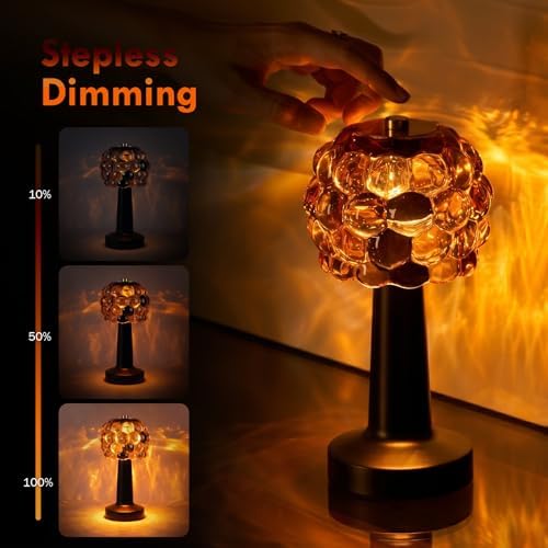 Cordless Table Lamp Rechargeable, Amber Glass Touch Lamp with 3 Color Modes & Stepless Dimming, Battery Operated Bedside Night Light, Housewarming Gifts for Women, Bedroom Decor - Image 3