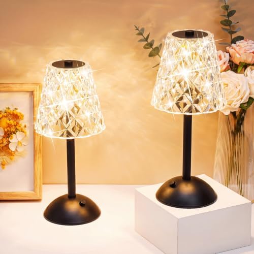 Liliful 2 Pcs Cordless Table Lamp LED Touch, Black, Diamond Style by Liliful