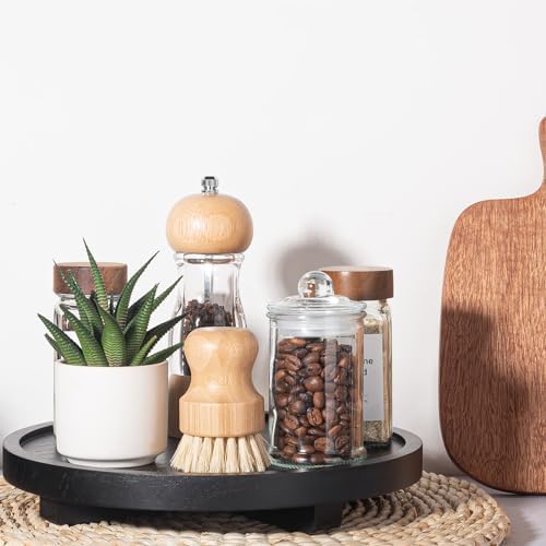 Round Decorative Tray Wood Bathroom Counter Organizer Farmhouse Kitchen Decor Wooden Riser for Soap Dish, Perfume, Candle, Sponge, 10" - Black - Image 3