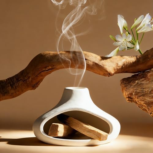 Ceramic Palo Santo Holder with Mini Chimney, Ash Catcher Incense Holder for Palo Santo Sticks, Sage Bundles, Incense Cones, Fireplace Style Smudge Bowl for Meditation, Yoga Home Decor(White) - Image 4