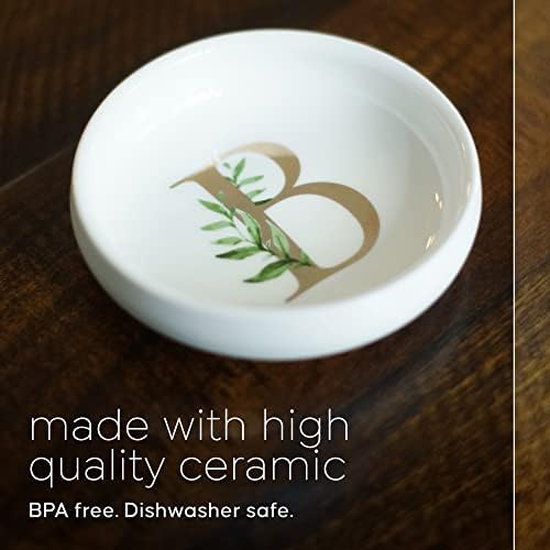 Trinket Tray Ring Dish with Personalized B in Gold Foil and Greenery - White Ring Dish - Monogrammed Trinket Dish or Jewelry Bowl - Cedar & Ink (B) - Image 3