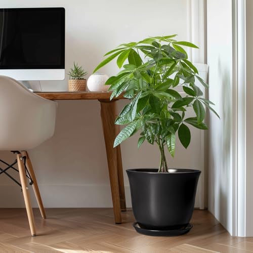 Ceramic Plant Pots - 12 Inch Plant Pot for Indoor Plants Outdoor, Large Planter with Drainage Hole and Saucer, Round Planters, Modern Flower Pot, Garden Patio Home Decor, Garden Gift, Black - Image 3