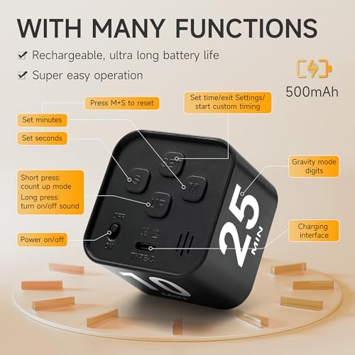 Rotating Productivity Timer, 5, 25, 10, 50 Minute Presets, Desk Cube - Image 4