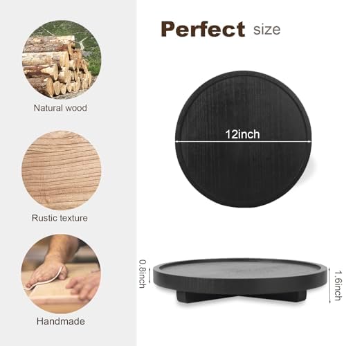 Round Decorative Tray Wood Bathroom Counter Organizer Farmhouse Kitchen Decor Wooden Riser for Soap Dish, Perfume, Candle, Sponge, 12" - Black - Image 4