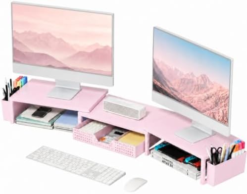 OPNICE Desk Organizers and Accessories, Dual Monitor Stand Riser with Drawer and 2 Pen Holders, Desk Shelf Printer Stand for Office Workspace Organizers, Desktop Organization (Light Pink) by OPNICE