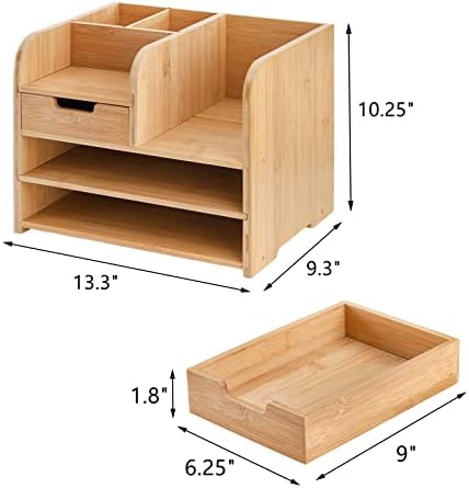 Frcctre Bamboo Desktop Organizer with Drawer, 3 Tier Wooden Desk File Document Organizer with Pen Holder, Tabletop Stationery Storage Organizer Storage Rack for Desk Accessories, Office Supplies - Image 2