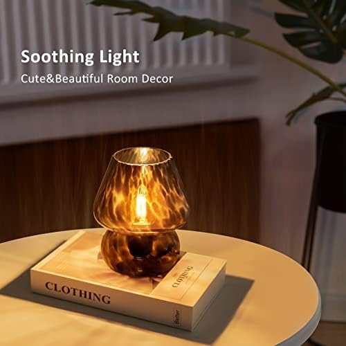 ONEWISH Mushroom Lamp Small Vintage Table Lamp for Bedroom Set of 2, Nightstand Bedside Lamp Translucent Glass Dimmable, Murano Aesthetic Home Decor for Living Room Kitchen Dorm(Black) - Image 3