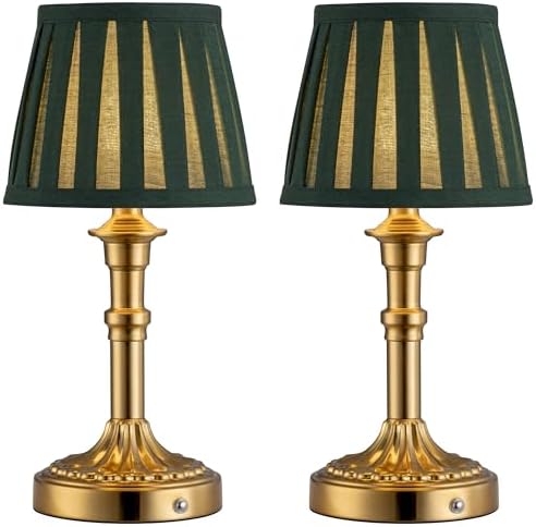 KDG Gold Cordless Table Lamps Set of 2, Green Fabric Shade Small Desk Lamp by KDG