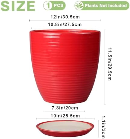 Ceramic Pot for Plants 12 Inch - Plant Pot Indoor with Drainage Hole and Saucer Round Large Planter for Outdoor Plants Mid Century Modern Flower Pot for Home Decor Red - Image 3