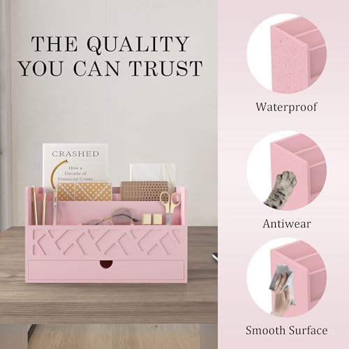 Wisuce Bamboo Mail Organizer with Drawer, Countertop Desk Organizer (Pink) - Image 4
