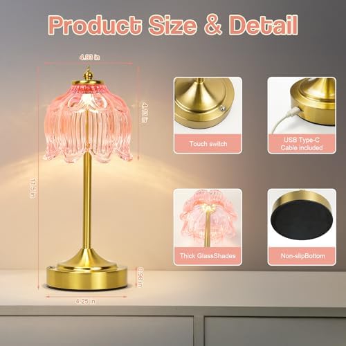 Cordless Table Lamp, Rechargeable Pink Glass Lotus Flower Lamp - Image 7