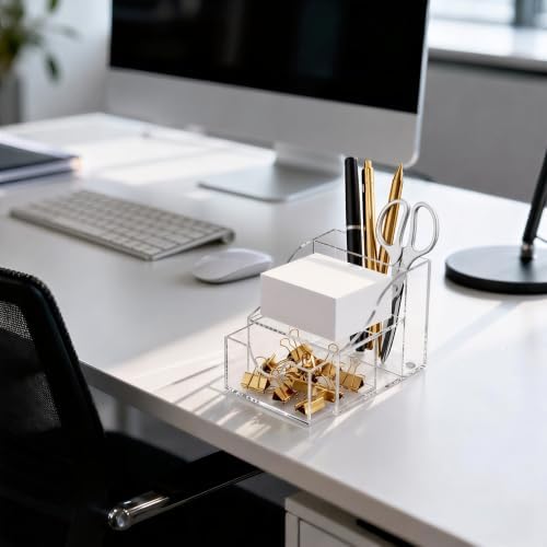 HBlife Acrylic Pen Holder for Desk, 3-Compartment Small Desk Organizer with Drawer, Clear Office Supplies Desk Accessories with Sticky Notes Holder Stores Post It Notes 3X3 for Office, Home and School - Image 2