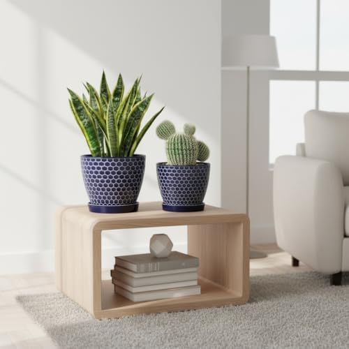 Docrin Blue Honeycomb Ceramic Plant Pot Set - 6.6"+5.5" Inch, Modern Decorative Planters with Drainage Holes & Saucers for Indoor/Outdoor Home Office - Image 4