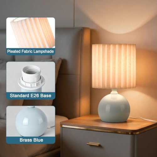 Ziqqeelam Blue Small Table Lamp with Scalloped Linen Shade, Mini Blue Table Lamp for Bedroom Nightstand, Cute Desk Night Light for Living Room, Bookshelf, Kitchen Counter, Kids Room, Office - Image 3