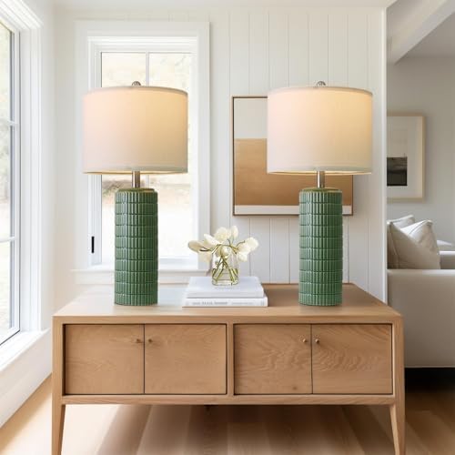 PoKat 27.5" Dark Green Ceramic Table Lamps for Living Room, Farmhouse Table Lamps Set of 2 for Bedroom Night Stands, Modern Bedside Lamps for End Side Table, Vintage Nightstand Decor Lamps Home Office - Image 5